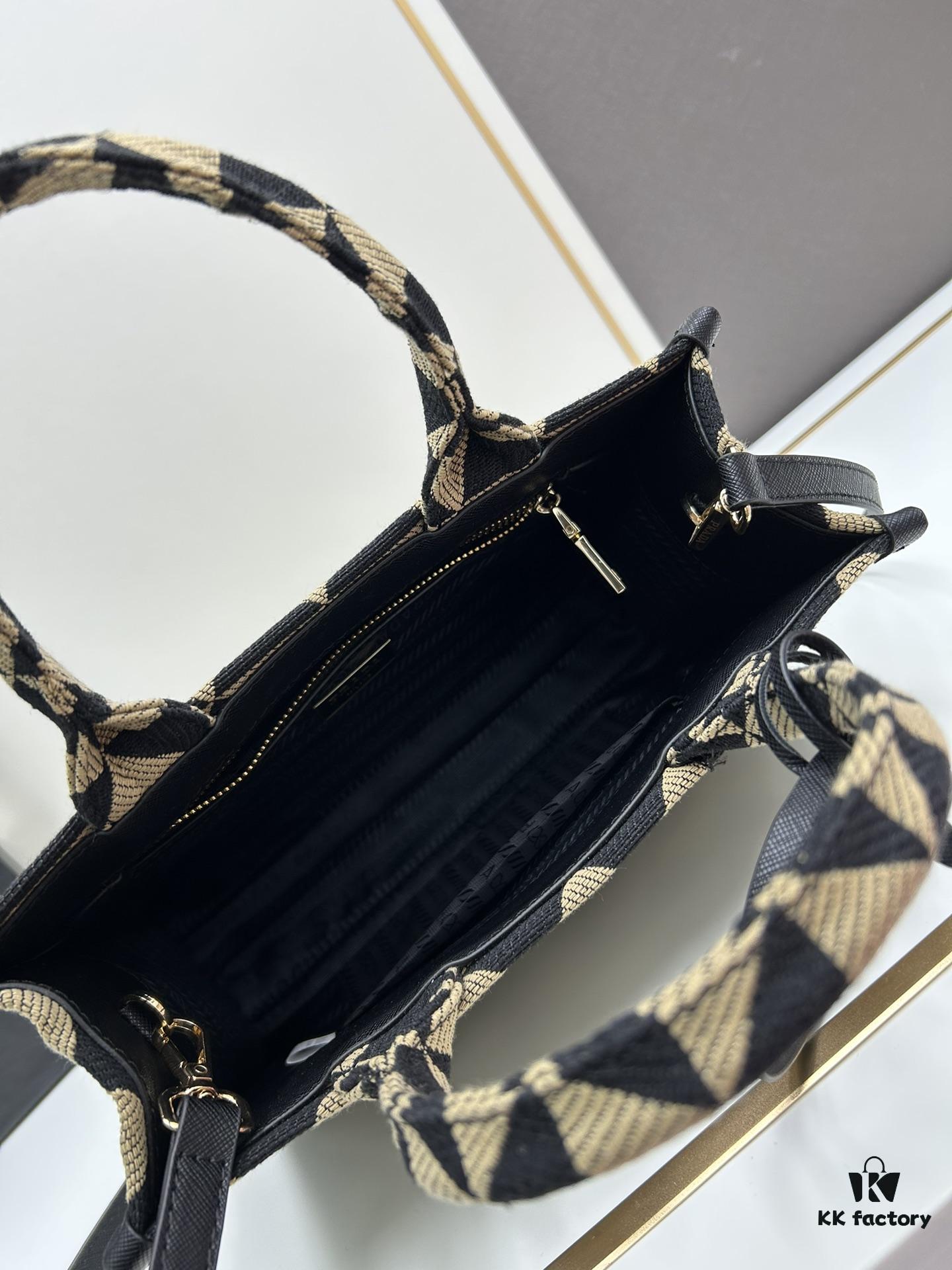 New Medium Prada Embroidered Fabric Tote Bag with Long Shoulder Strap