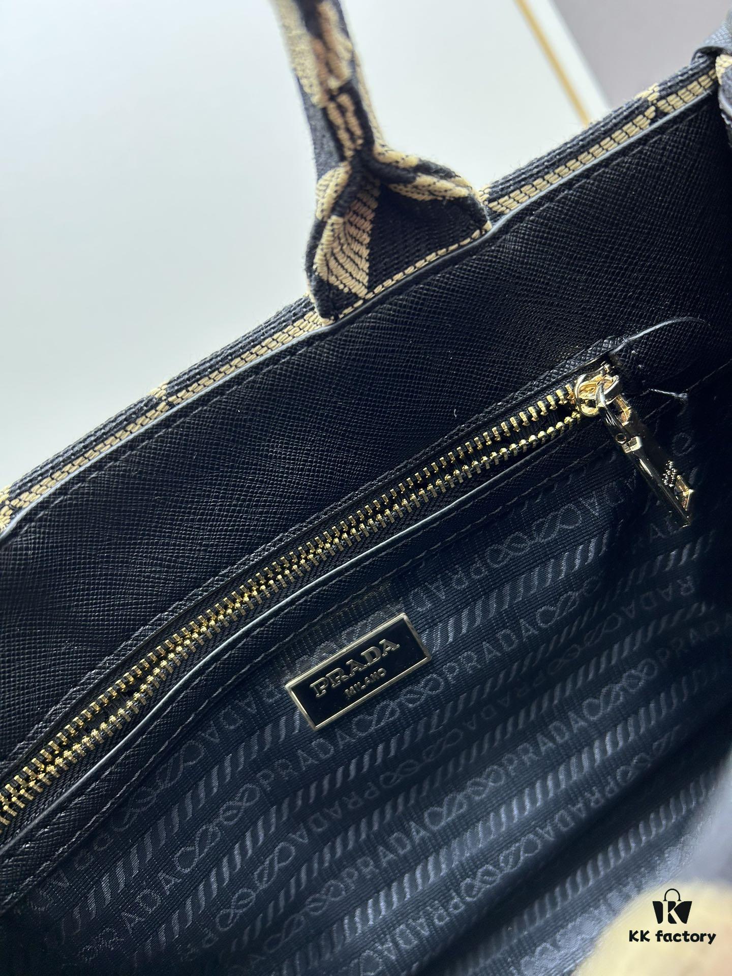 New Medium Prada Embroidered Fabric Tote Bag with Long Shoulder Strap