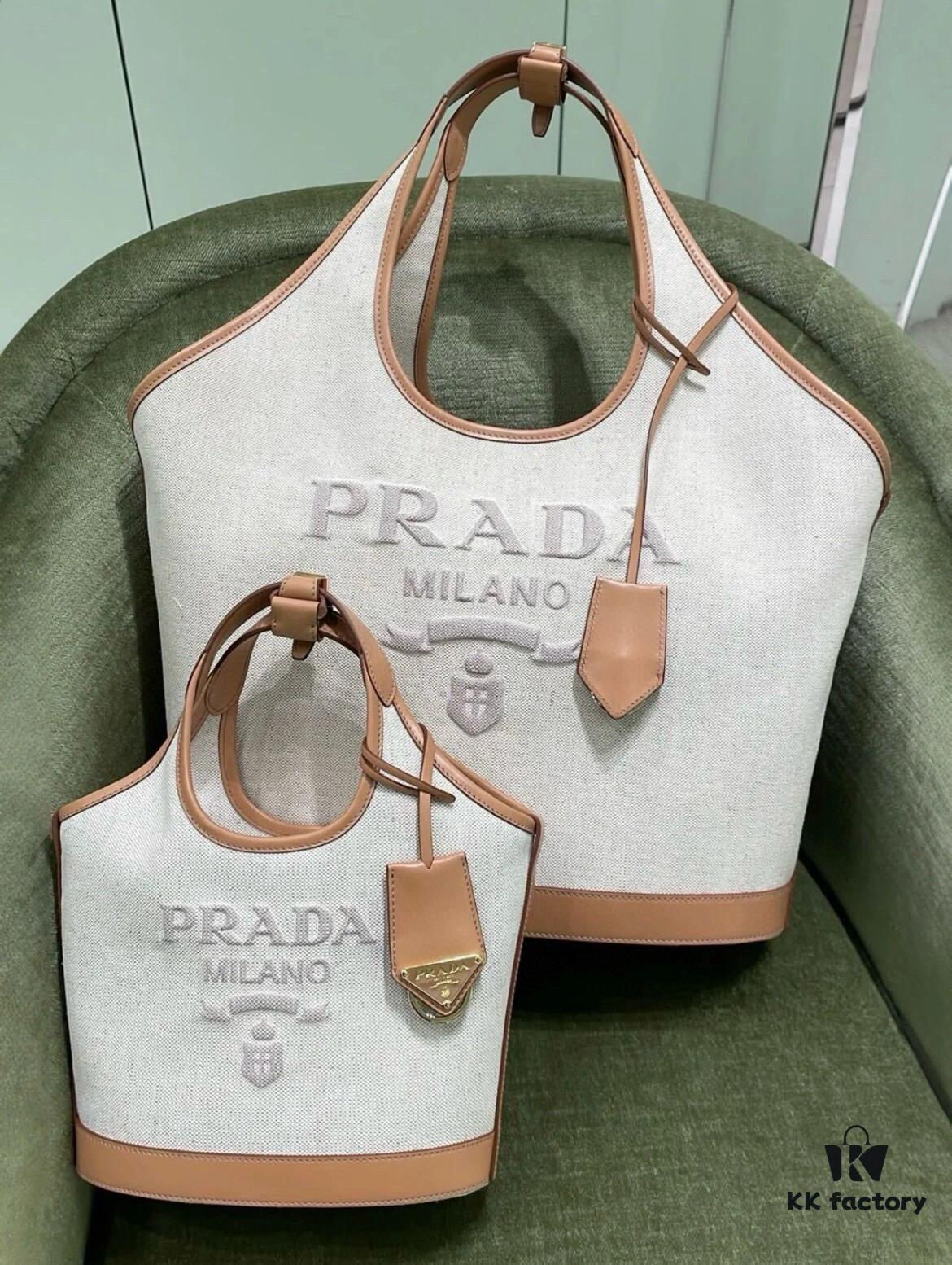 Large Size Prada New Linen Blend Tote Bag with Leather Trim