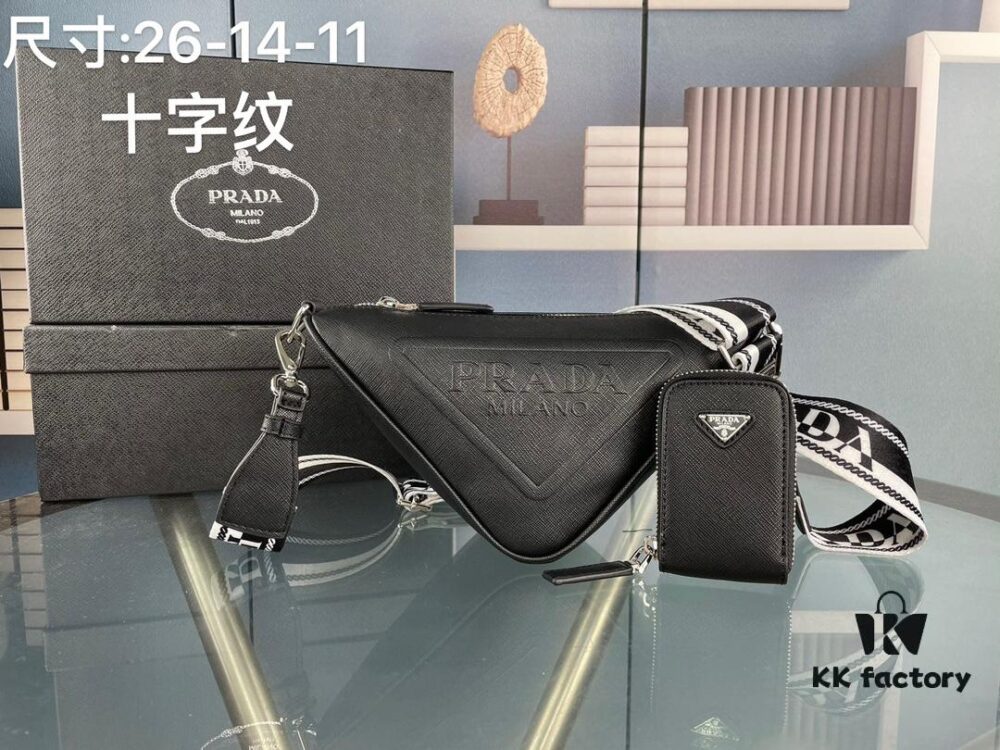 Prada 21K Tri-Fold Cross Texture Triangle Bag with Box