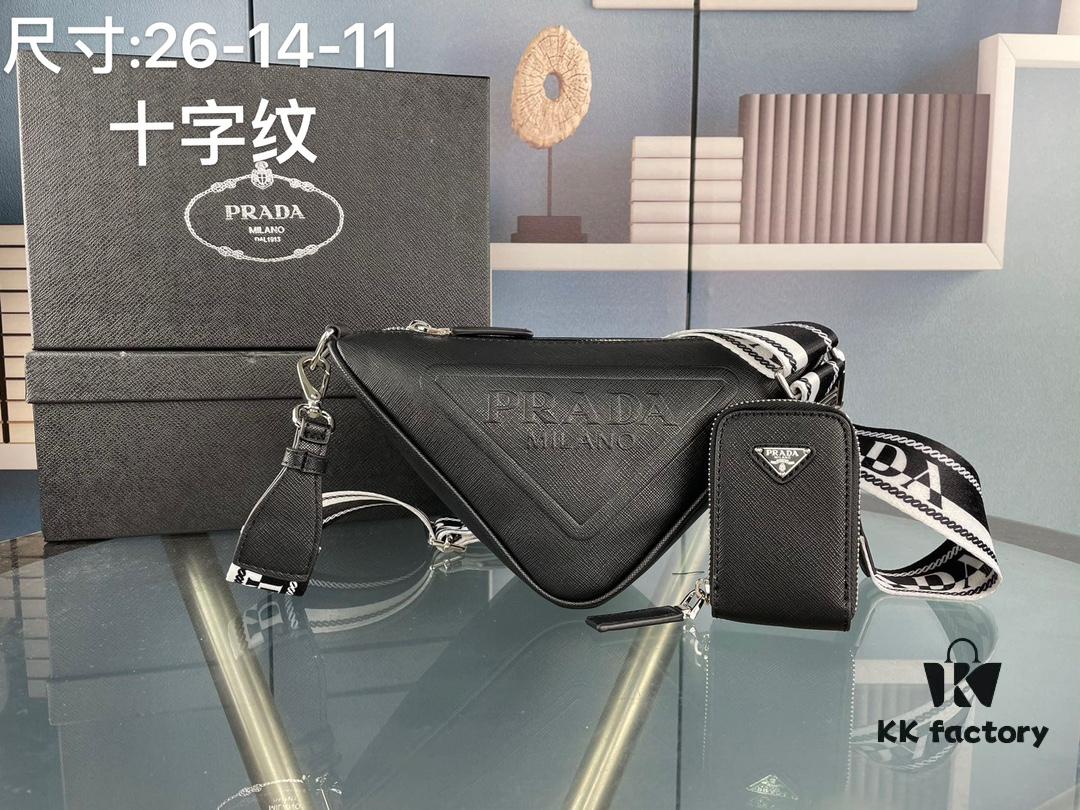 Prada 21K Tri-Fold Cross Texture Triangle Bag with Box