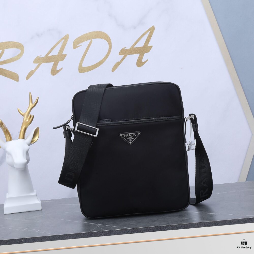 PRADA Men's Single Shoulder Bag, Classic Official Bestseller, Lightweight Original Waterproof Fabric, Model 002 Size: W24 x H28 x D8