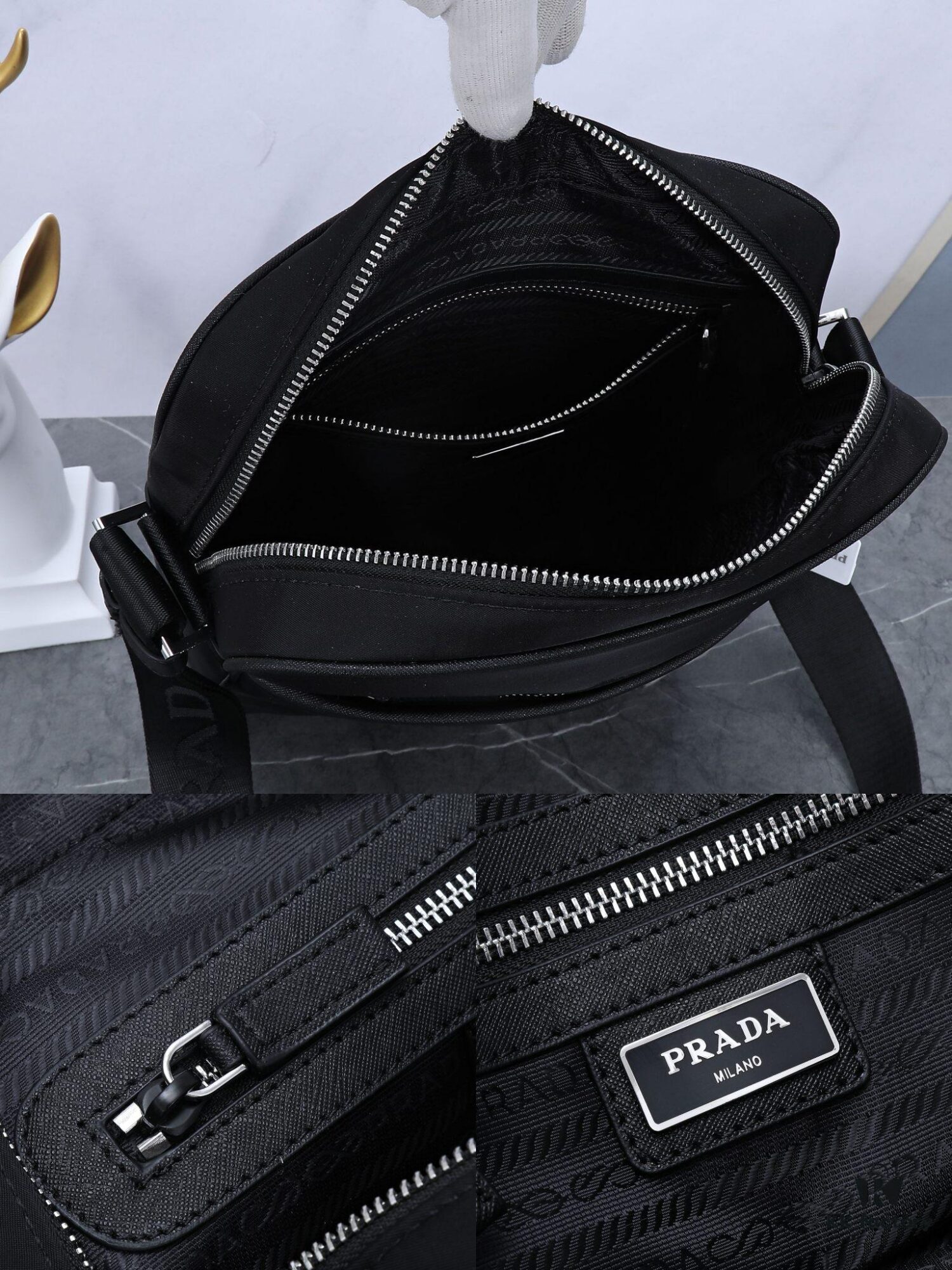 PRADA Men's Single Shoulder Bag, Classic Official Bestseller, Lightweight Original Waterproof Fabric, Model 002 Size: W24 x H28 x D8