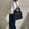 Prada-Inspired Palm Leaf and Leather Woven Tote Bag – Vacation-Ready Fashion, Handheld or Shoulder Carry