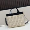 Prada-Inspired Wicker Basket Bag – Stylish Vacation Essential, Handwoven with Palm Leaf and Genuine Leather, Top-Quality Hardware, Classic Logo Design