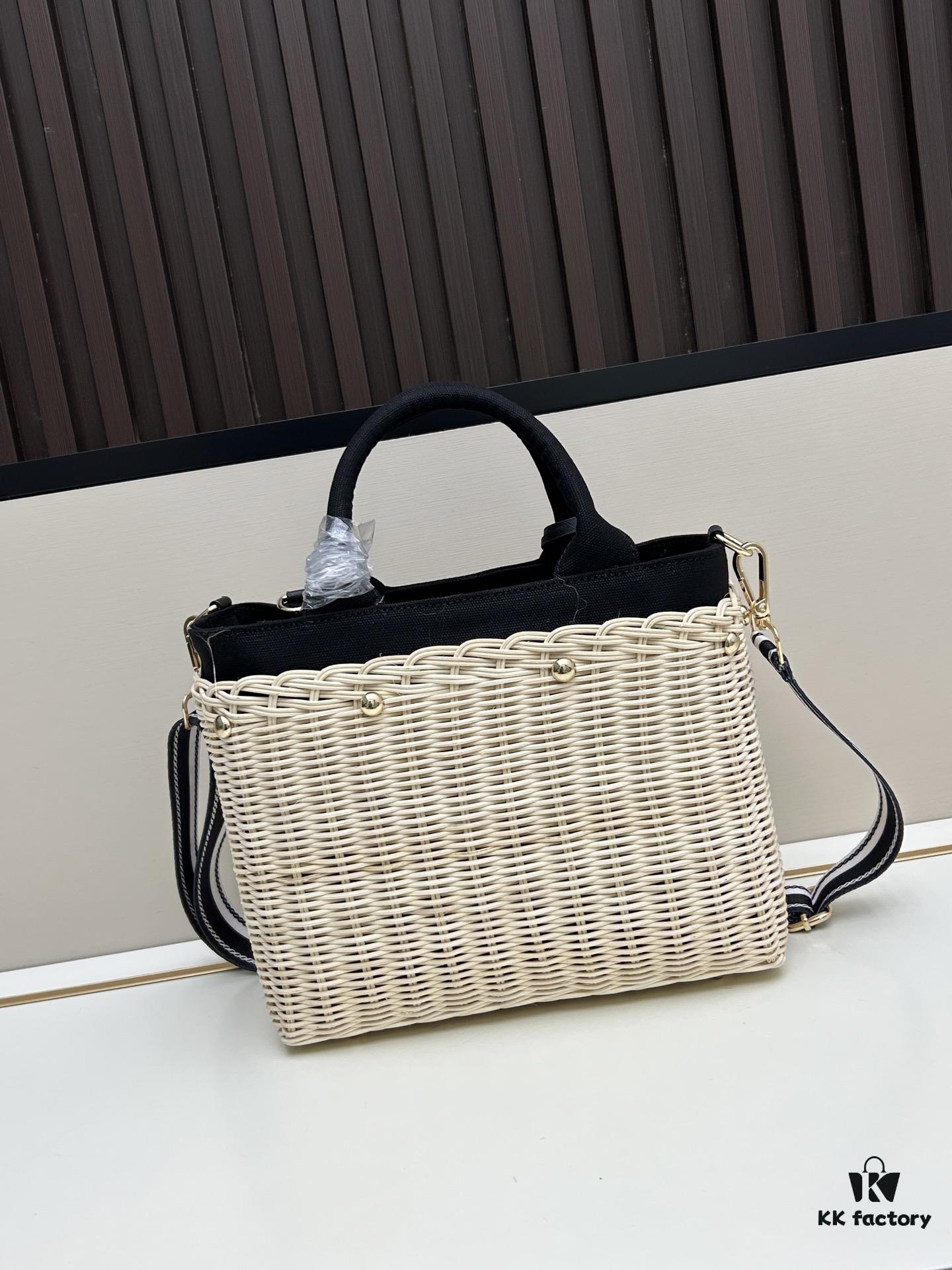 Prada-Inspired Wicker Basket Bag – Stylish Vacation Essential, Handwoven with Palm Leaf and Genuine Leather, Top-Quality Hardware, Classic Logo Design