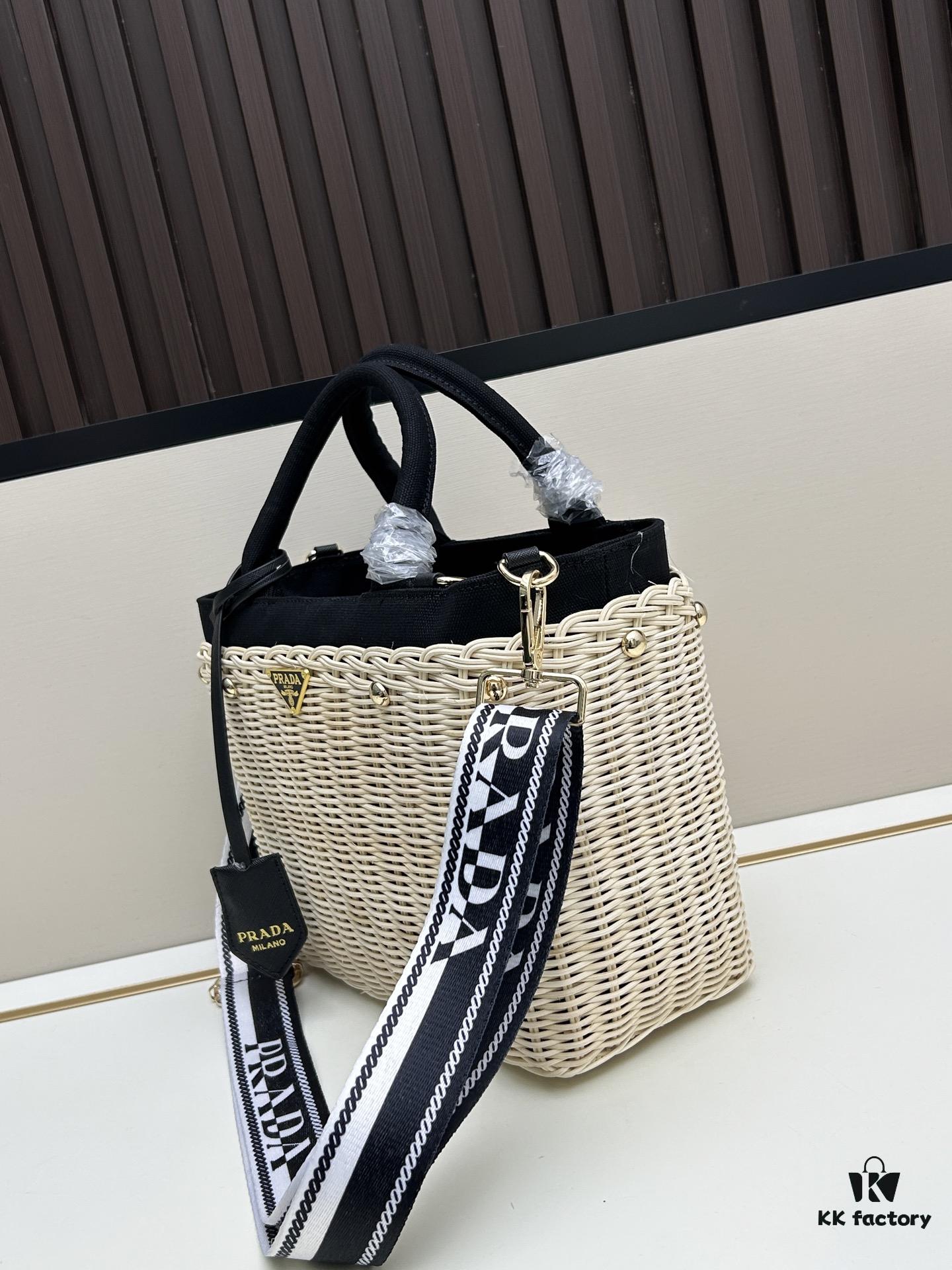 Prada-Inspired Wicker Basket Bag – Stylish Vacation Essential, Handwoven with Palm Leaf and Genuine Leather, Top-Quality Hardware, Classic Logo Design