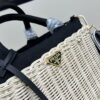 Prada-Inspired Wicker Basket Bag – Stylish Vacation Essential, Handwoven with Palm Leaf and Genuine Leather, Top-Quality Hardware, Classic Logo Design