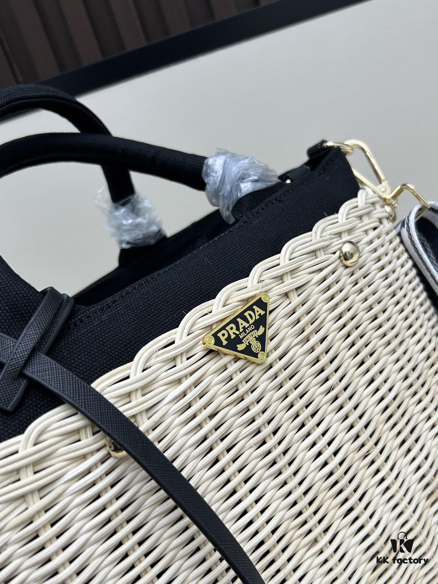 Prada-Inspired Wicker Basket Bag – Stylish Vacation Essential, Handwoven with Palm Leaf and Genuine Leather, Top-Quality Hardware, Classic Logo Design