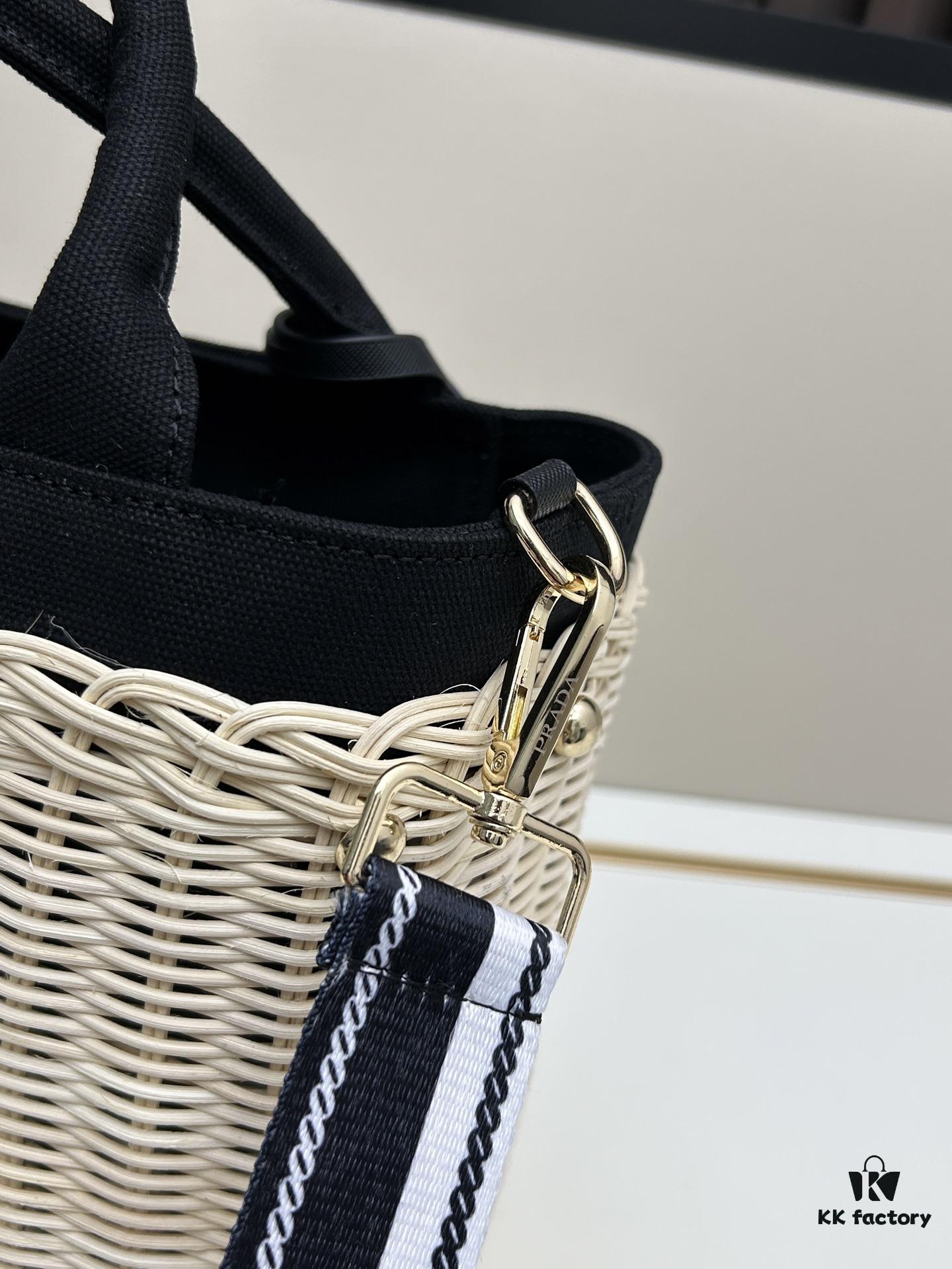 Prada-Inspired Wicker Basket Bag – Stylish Vacation Essential, Handwoven with Palm Leaf and Genuine Leather, Top-Quality Hardware, Classic Logo Design