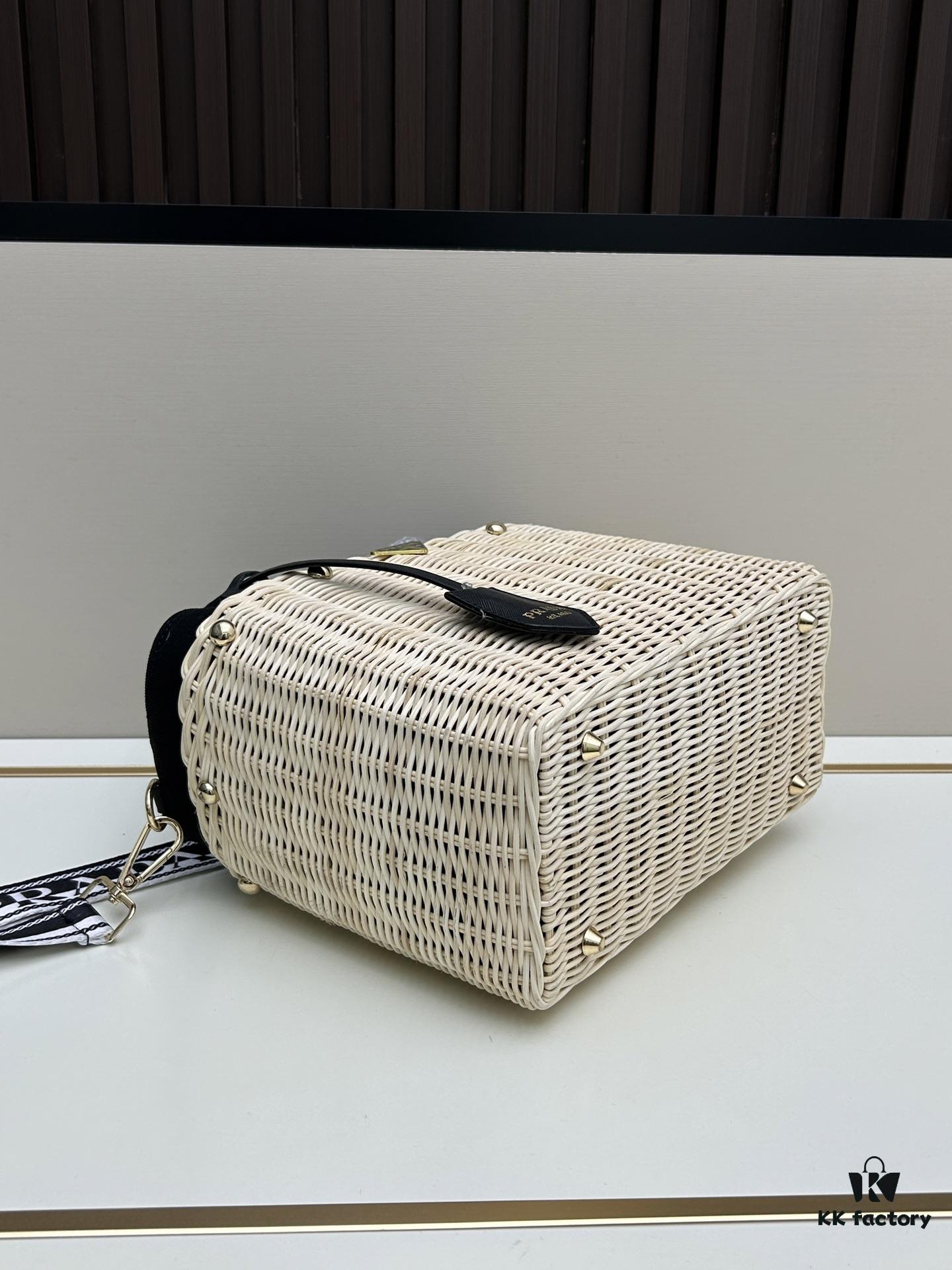 Prada-Inspired Wicker Basket Bag – Stylish Vacation Essential, Handwoven with Palm Leaf and Genuine Leather, Top-Quality Hardware, Classic Logo Design
