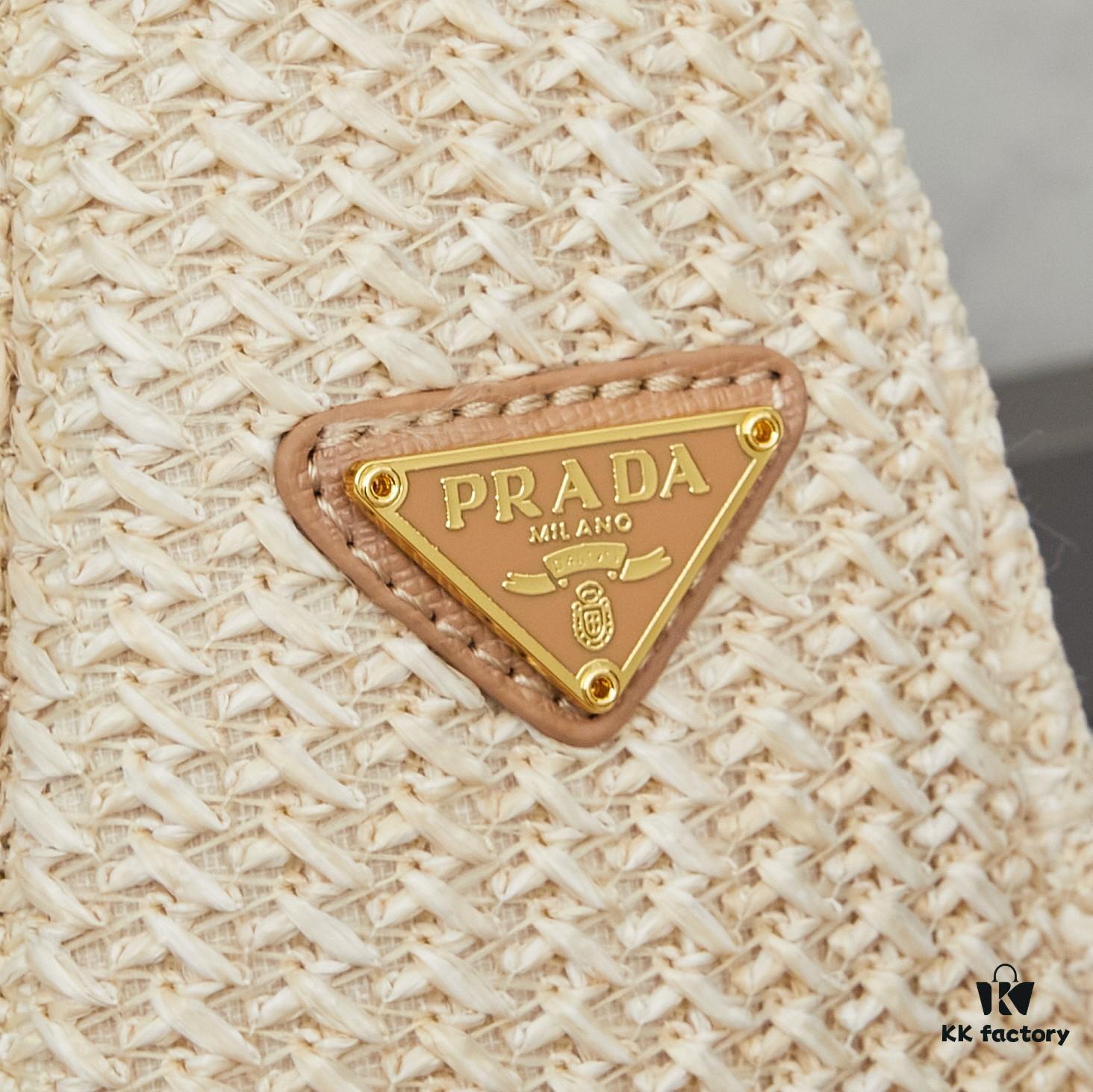 Prada Raffia Woven Triangle Bag with Box Packaging, 3D Logo, Lightweight Design, Metal Chain Included
