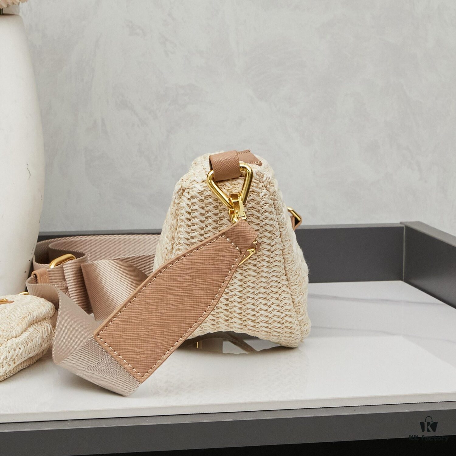 Prada Raffia Woven Triangle Bag with Box Packaging, 3D Logo, Lightweight Design, Metal Chain Included