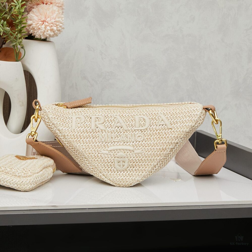 Prada Raffia Woven Triangle Bag with Box Packaging, 3D Logo, Lightweight Design, Metal Chain Included