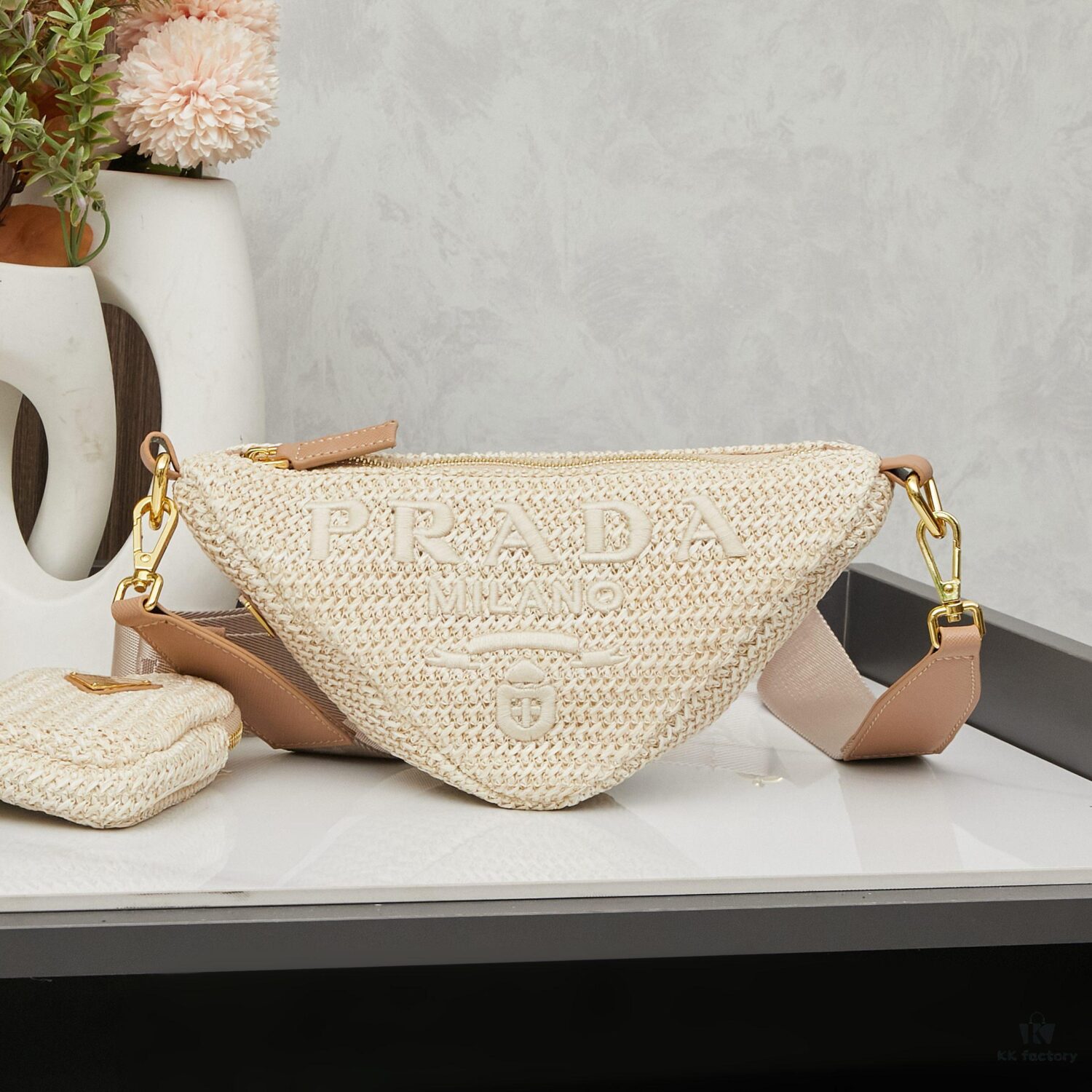 Prada Raffia Woven Triangle Bag with Box Packaging, 3D Logo, Lightweight Design, Metal Chain Included