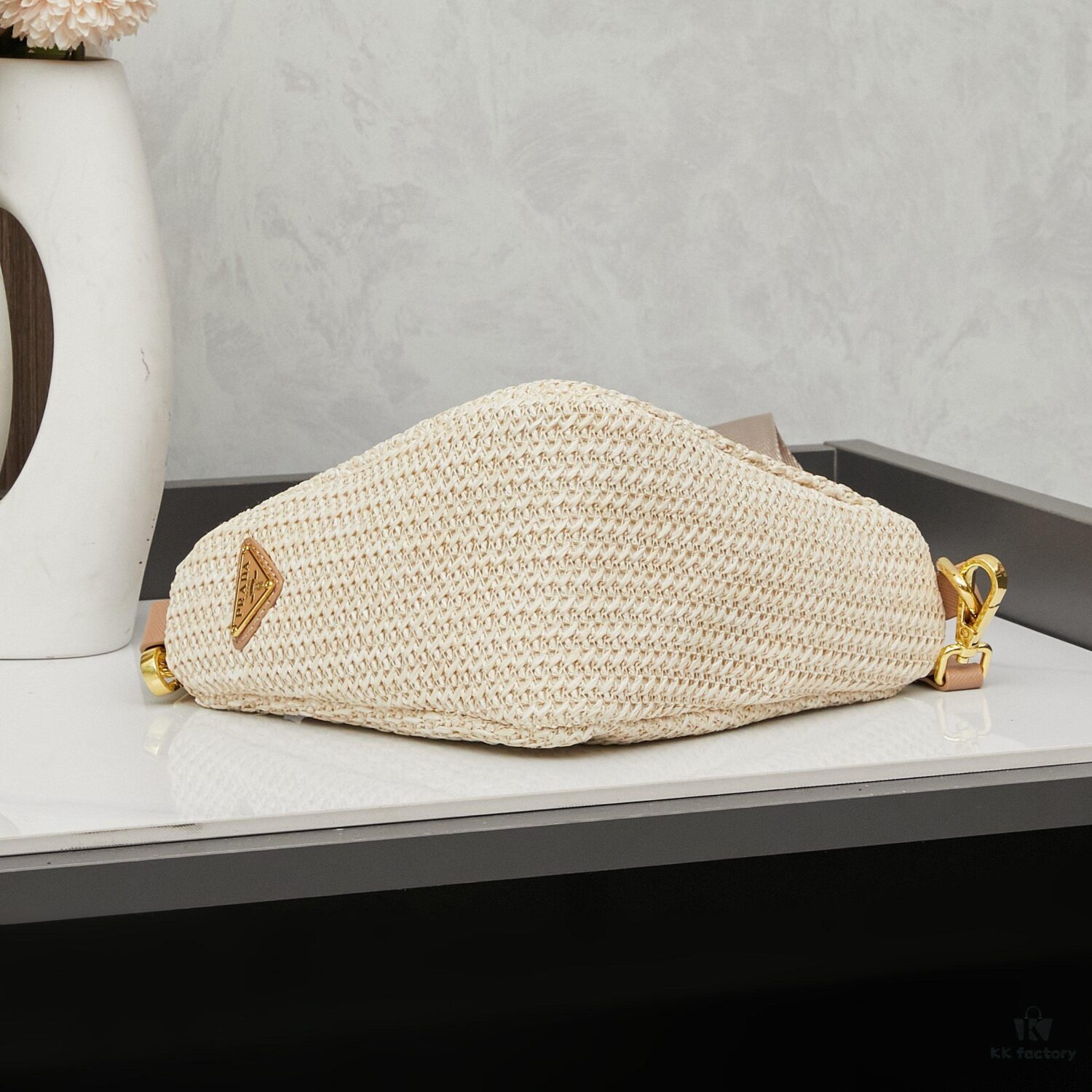 Prada Raffia Woven Triangle Bag with Box Packaging, 3D Logo, Lightweight Design, Metal Chain Included