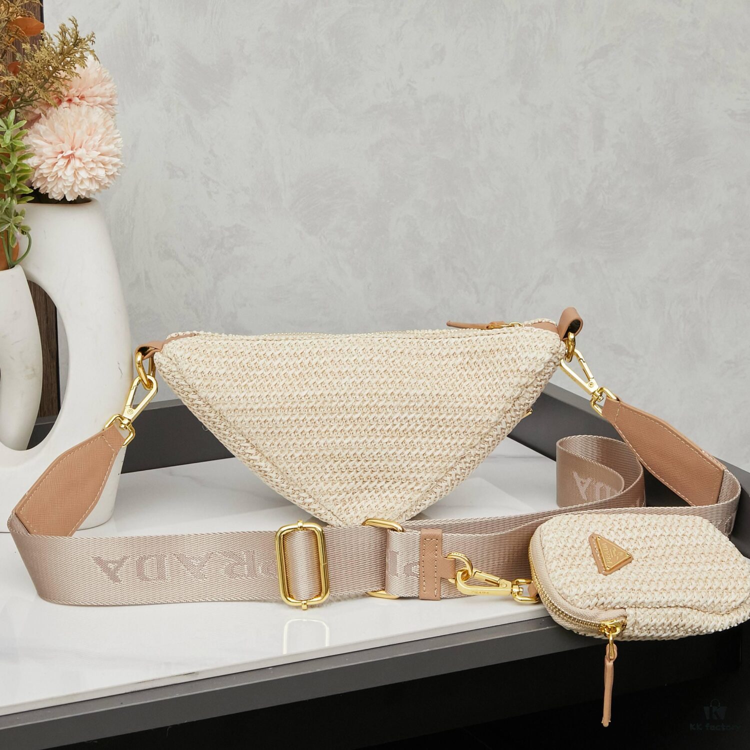 Prada Raffia Woven Triangle Bag with Box Packaging, 3D Logo, Lightweight Design, Metal Chain Included