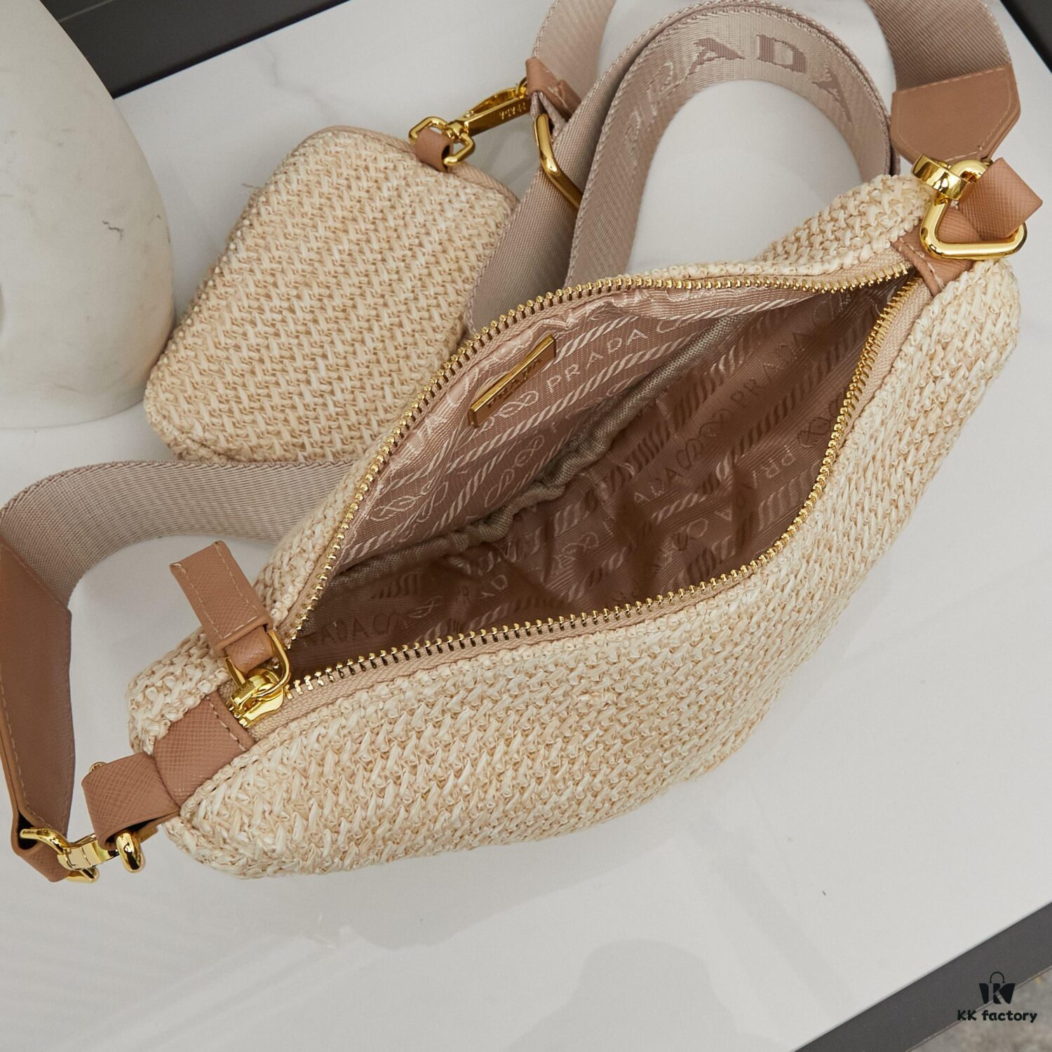 Prada Raffia Woven Triangle Bag with Box Packaging, 3D Logo, Lightweight Design, Metal Chain Included