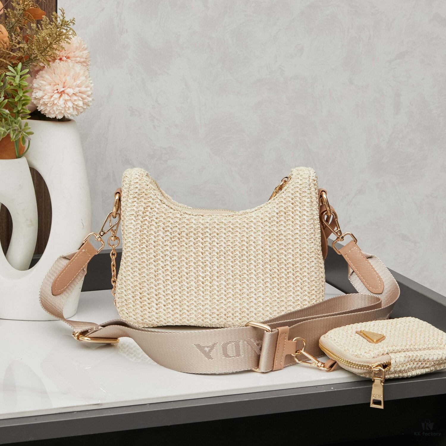Beige Knitted Prada Three-in-One Bag 🎀 Adorable Design with Box