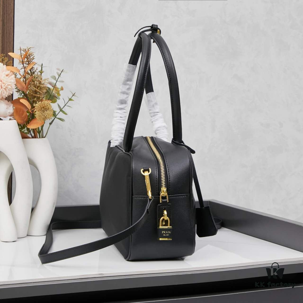 Prada 2024 Fall/Winter Black Re-Nylon and Leather Lock Detail Shoulder Bag