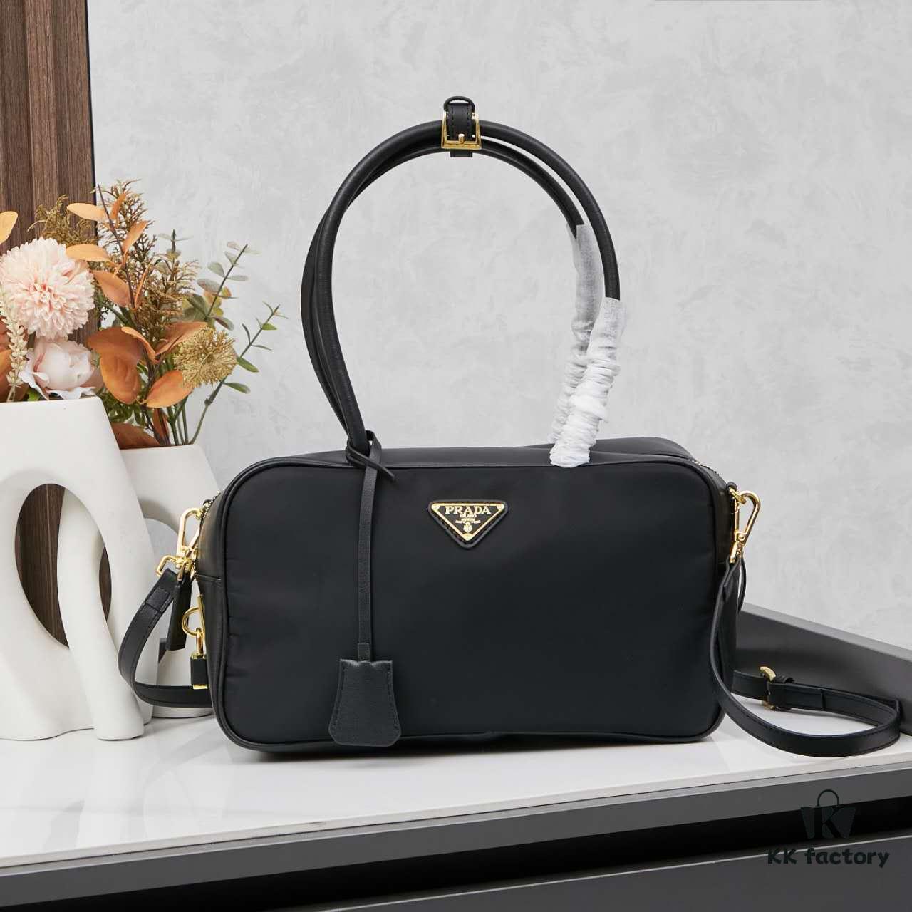 Prada 2024 Fall/Winter Black Re-Nylon and Leather Lock Detail Shoulder Bag