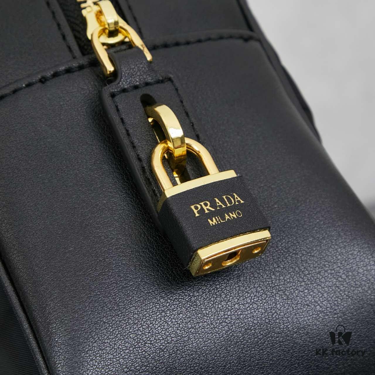 Prada 2024 Fall/Winter Black Re-Nylon and Leather Lock Detail Shoulder Bag