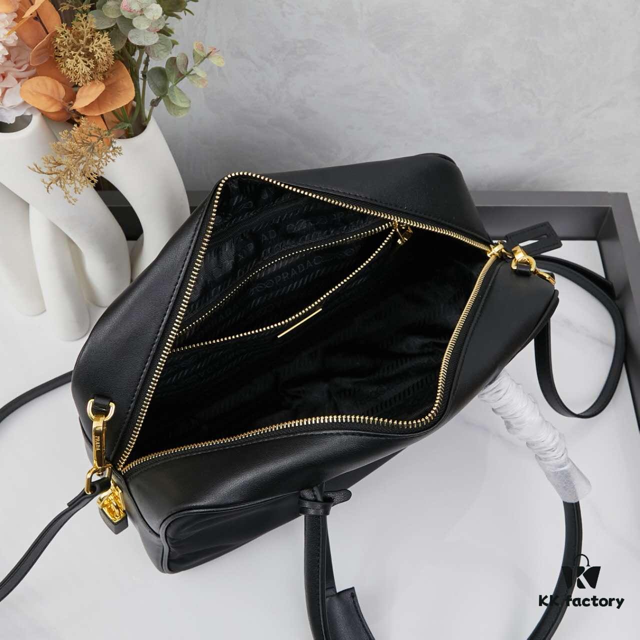 Prada 2024 Fall/Winter Black Re-Nylon and Leather Lock Detail Shoulder Bag