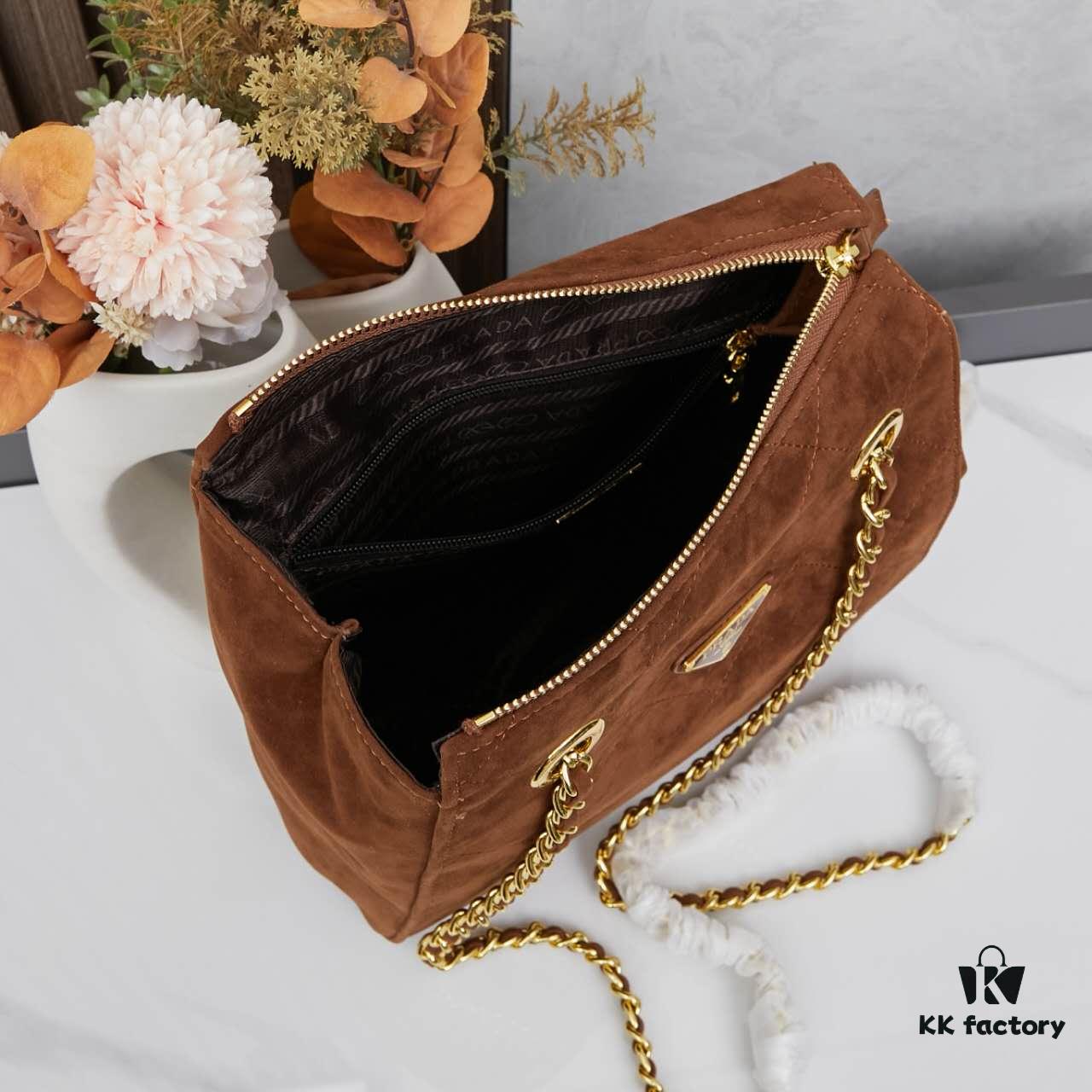 Prada Brown Suede Chain Shoulder Bag with Box - Daily Vintage