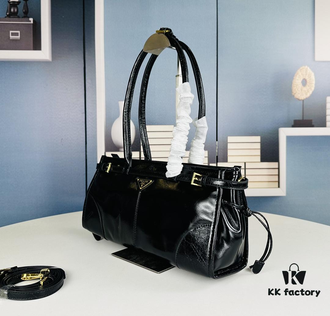 PRADA New Arrival Vintage Style Black Waxed Leather Handbag - Top Grain Leather, Size 32x15x11, Model No. 426