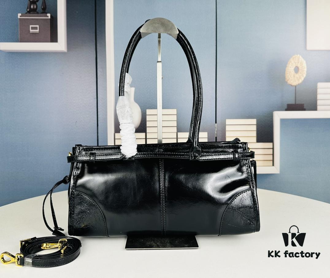 PRADA New Arrival Vintage Style Black Waxed Leather Handbag - Top Grain Leather, Size 32x15x11, Model No. 426