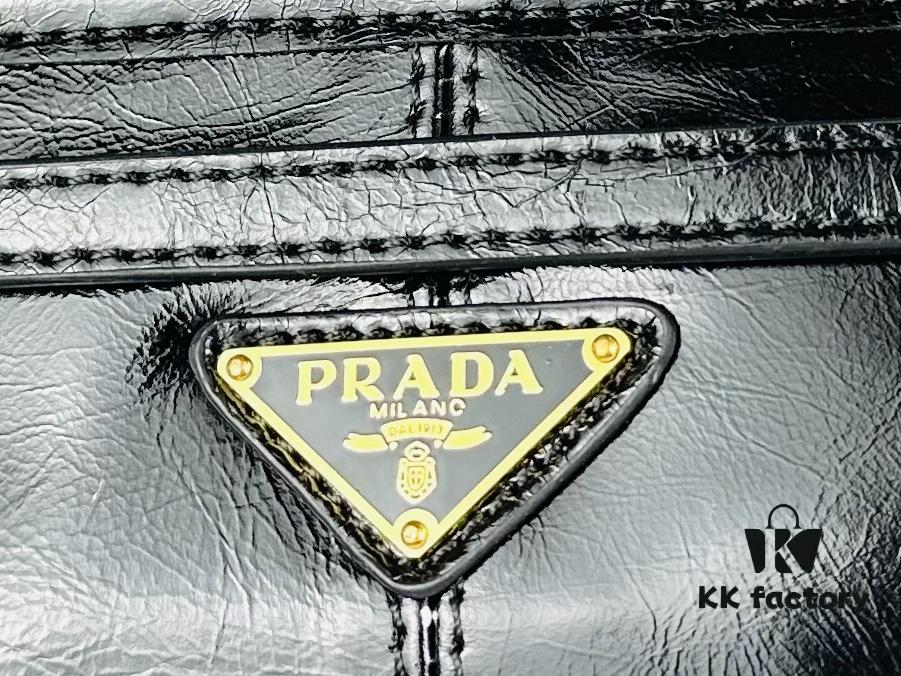 PRADA New Arrival Vintage Style Black Waxed Leather Handbag - Top Grain Leather, Size 32x15x11, Model No. 426