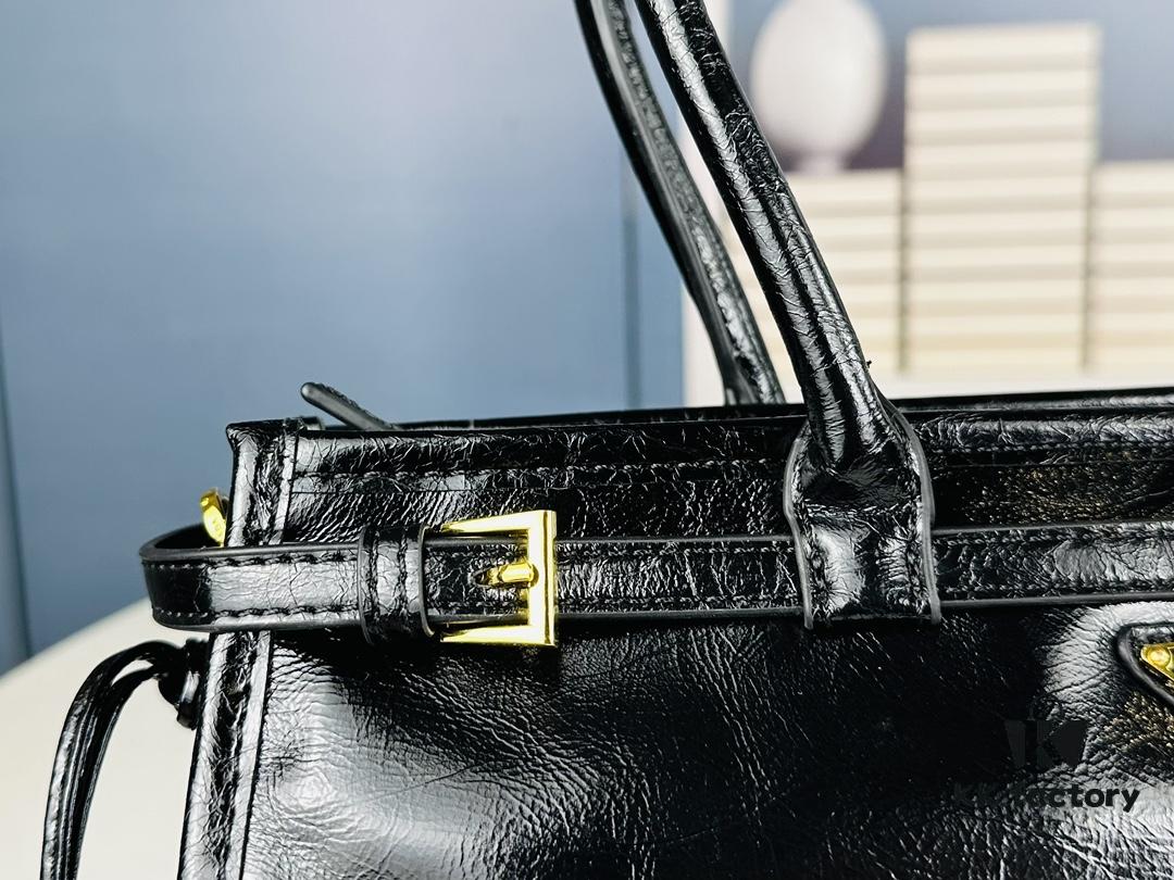 PRADA New Arrival Vintage Style Black Waxed Leather Handbag - Top Grain Leather, Size 32x15x11, Model No. 426