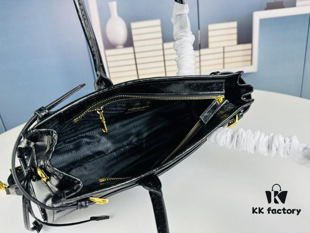 PRADA New Arrival Vintage Style Black Waxed Leather Handbag - Top Grain Leather, Size 32x15x11, Model No. 426