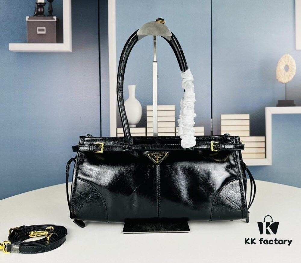 PRADA New Arrival Vintage Style Black Waxed Leather Handbag - Top Grain Leather, Size 32x15x11, Model No. 426