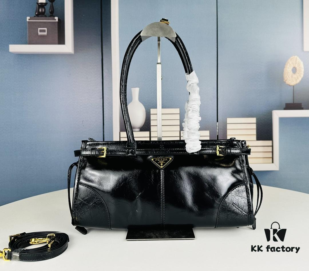 PRADA New Arrival Vintage Style Black Waxed Leather Handbag - Top Grain Leather, Size 32x15x11, Model No. 426