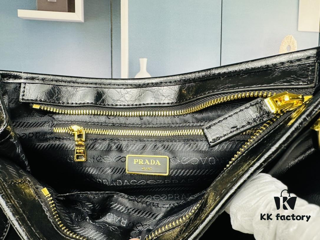 PRADA New Arrival Vintage Style Black Waxed Leather Handbag - Top Grain Leather, Size 32x15x11, Model No. 426