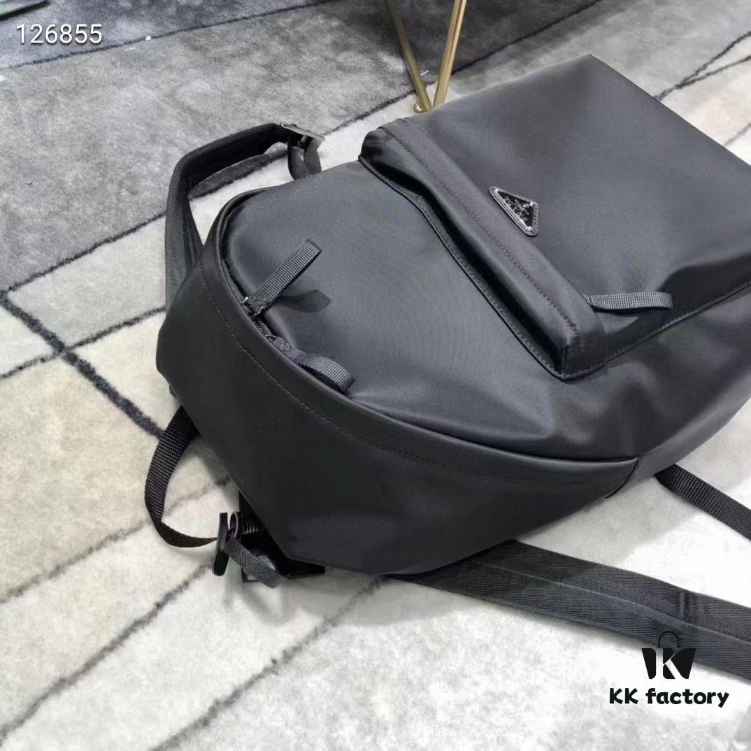 Prada Men's Black Parachute Nylon Backpack, Stylish Design with Inverted Triangle Logo, Lightweight, Spacious and Waterproof