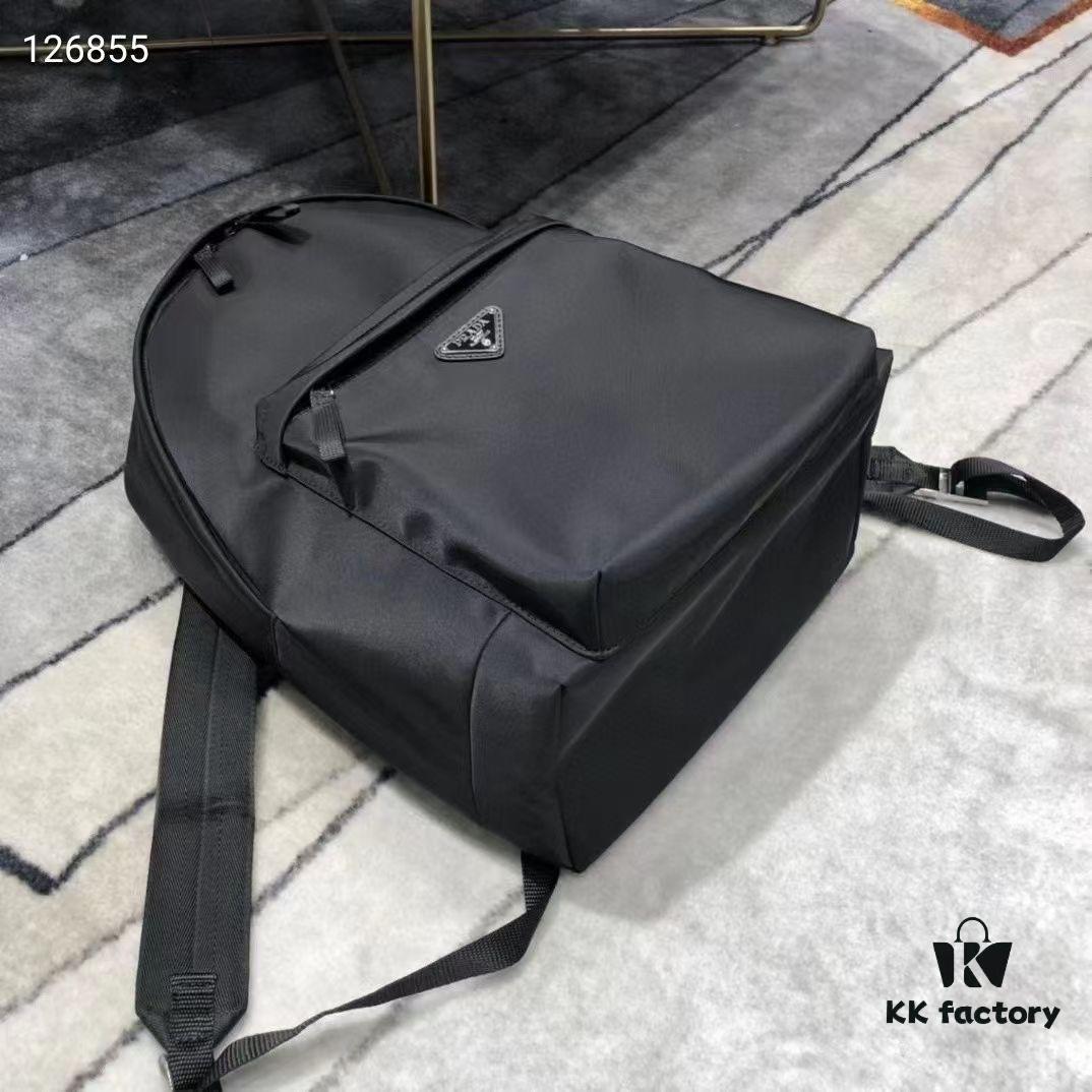 Prada Men's Black Parachute Nylon Backpack, Stylish Design with Inverted Triangle Logo, Lightweight, Spacious and Waterproof