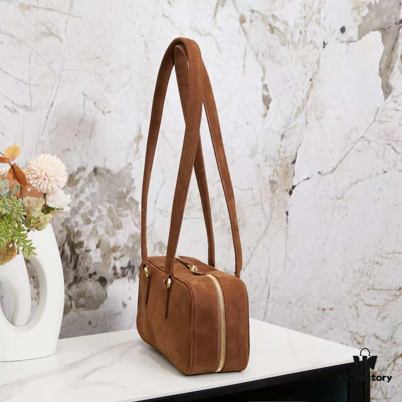 Vintage Prada Suede Bag with Box and Long Handle, Retro Merlot Style