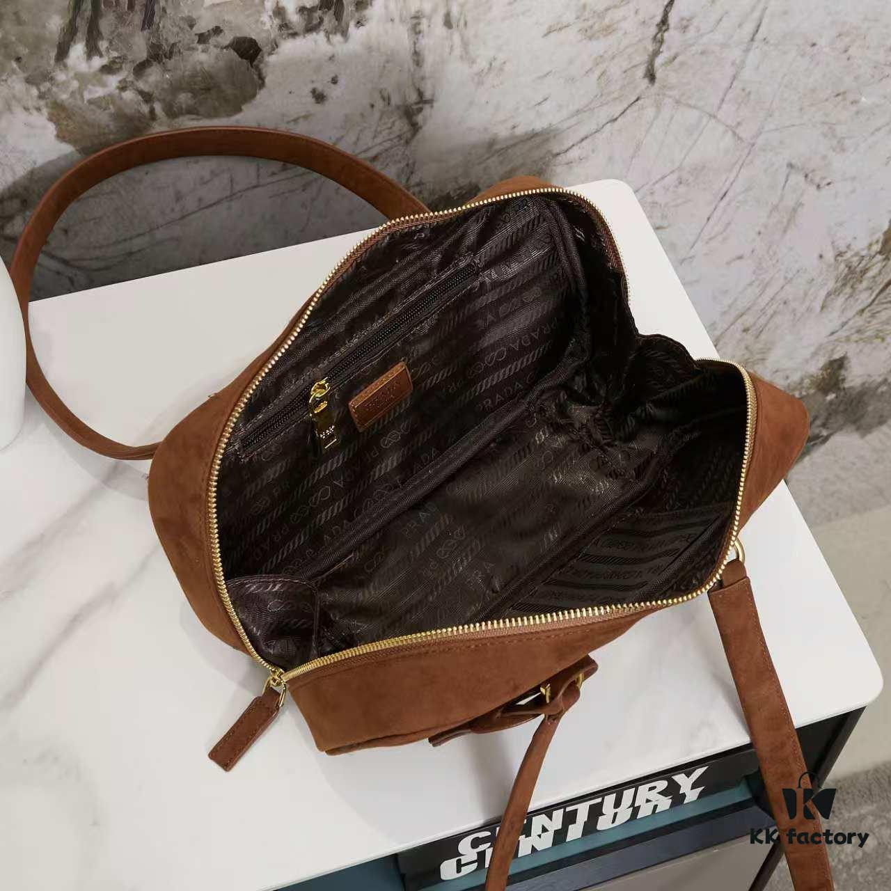 Vintage Prada Suede Bag with Box and Long Handle, Retro Merlot Style