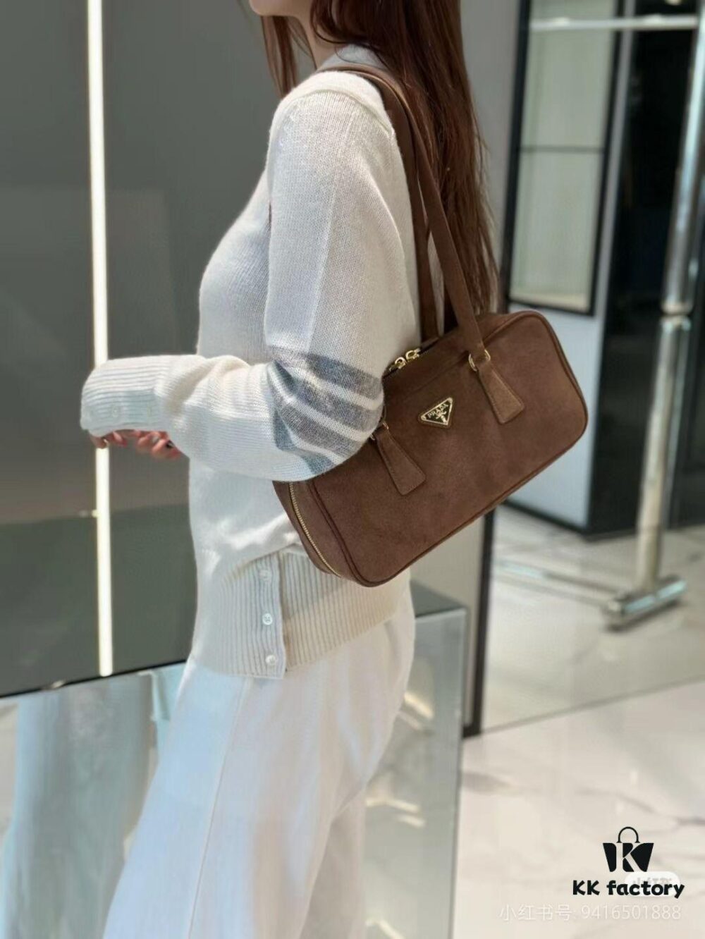 Vintage Prada Suede Bag with Box and Long Handle, Retro Merlot Style