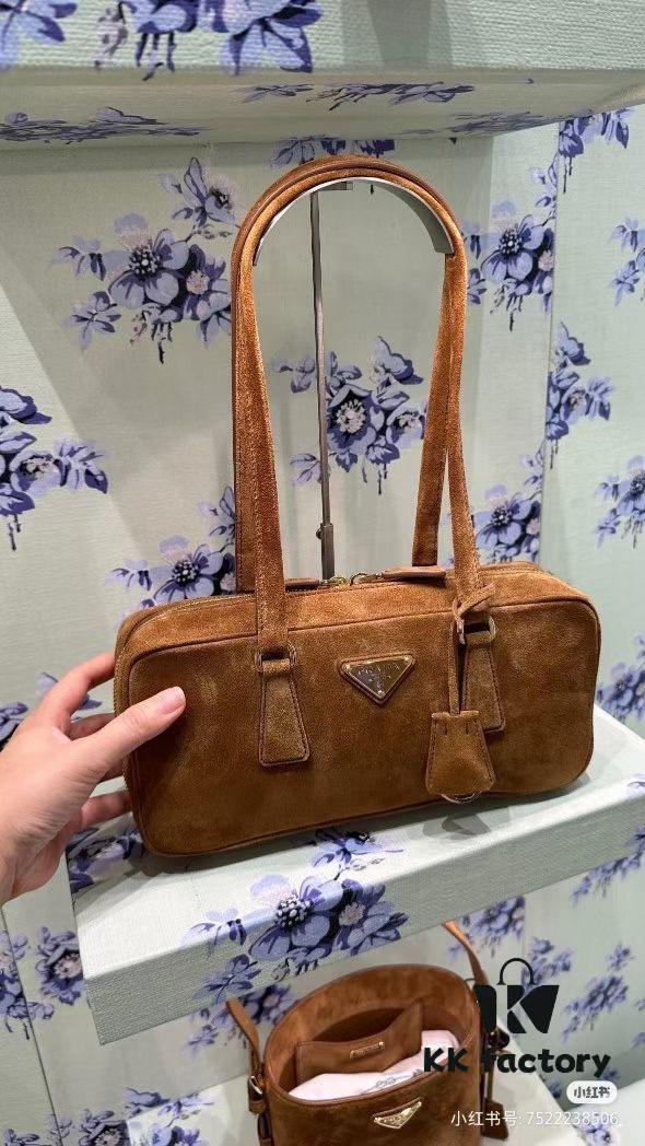 Vintage Prada Suede Bag with Box and Long Handle, Retro Merlot Style