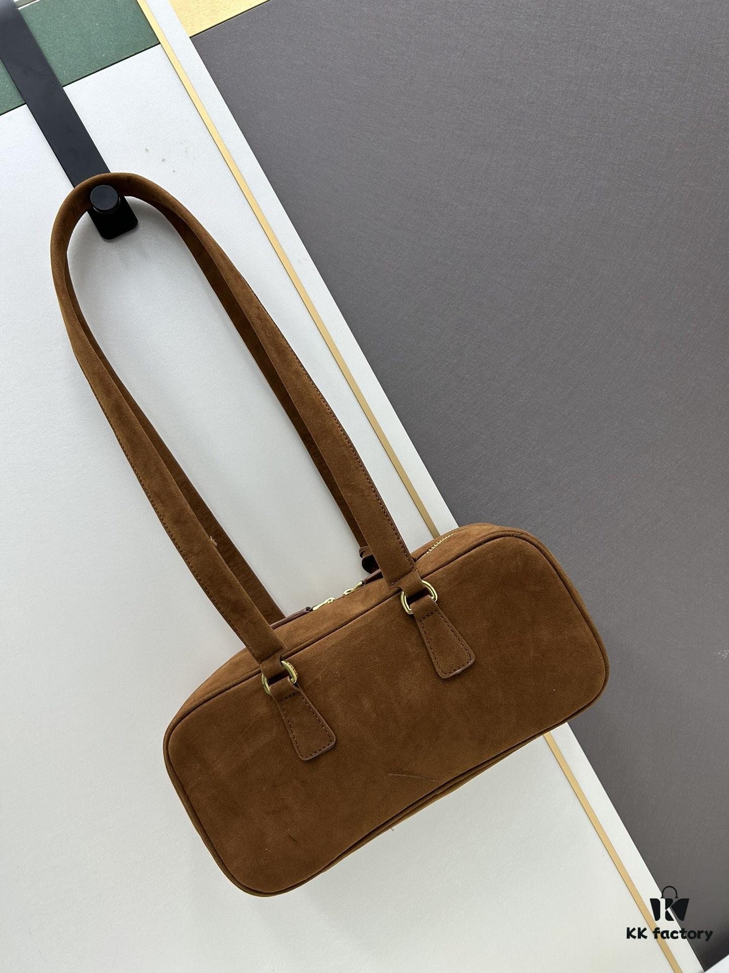 Vintage Prada Suede Bag with Box and Long Handle, Retro Merlot Style