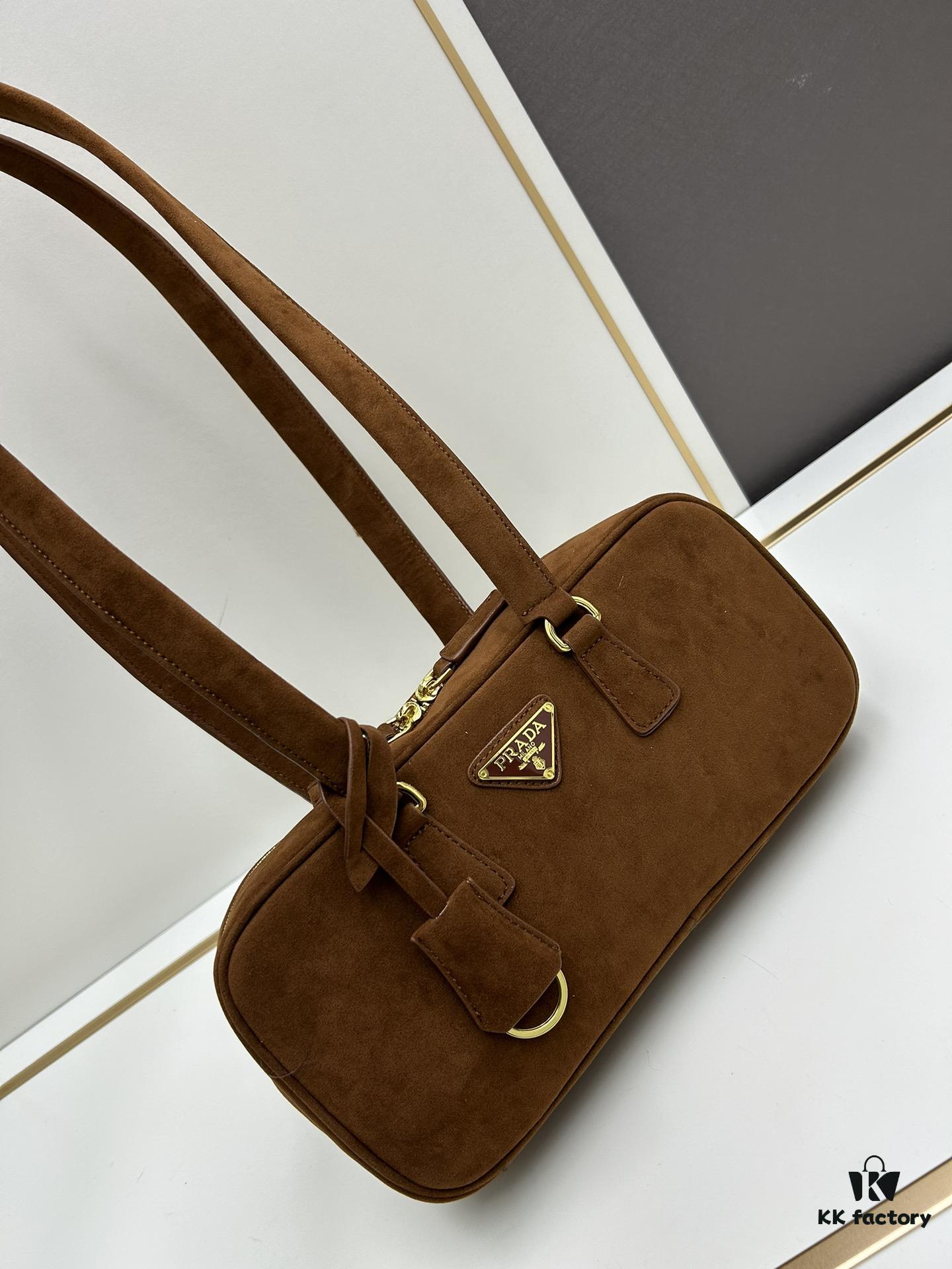 Vintage Prada Suede Bag with Box and Long Handle, Retro Merlot Style