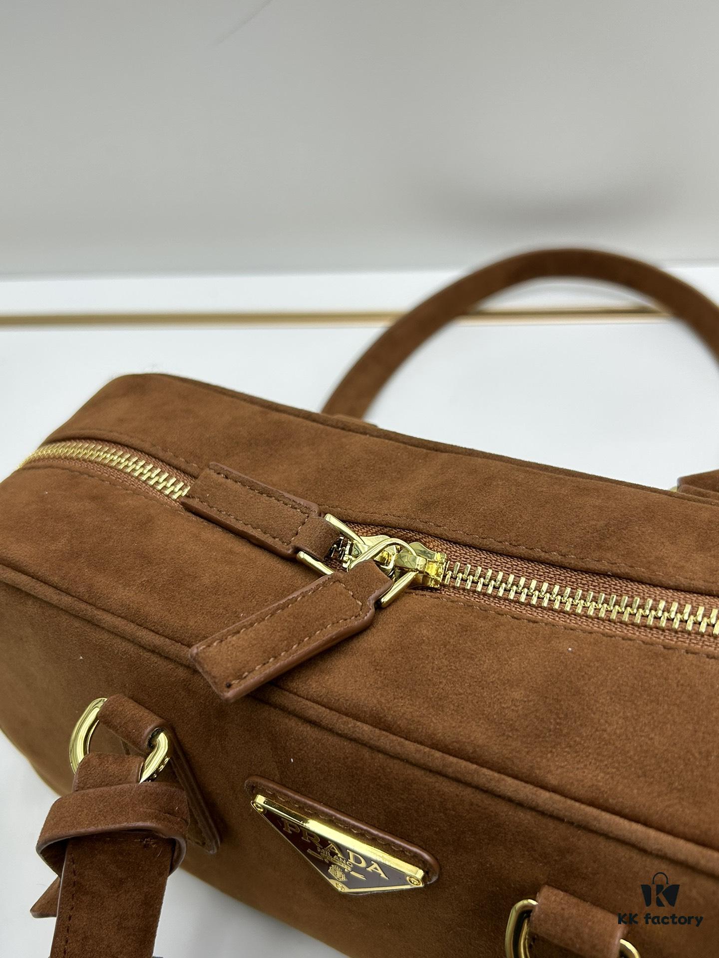 Vintage Prada Suede Bag with Box and Long Handle, Retro Merlot Style