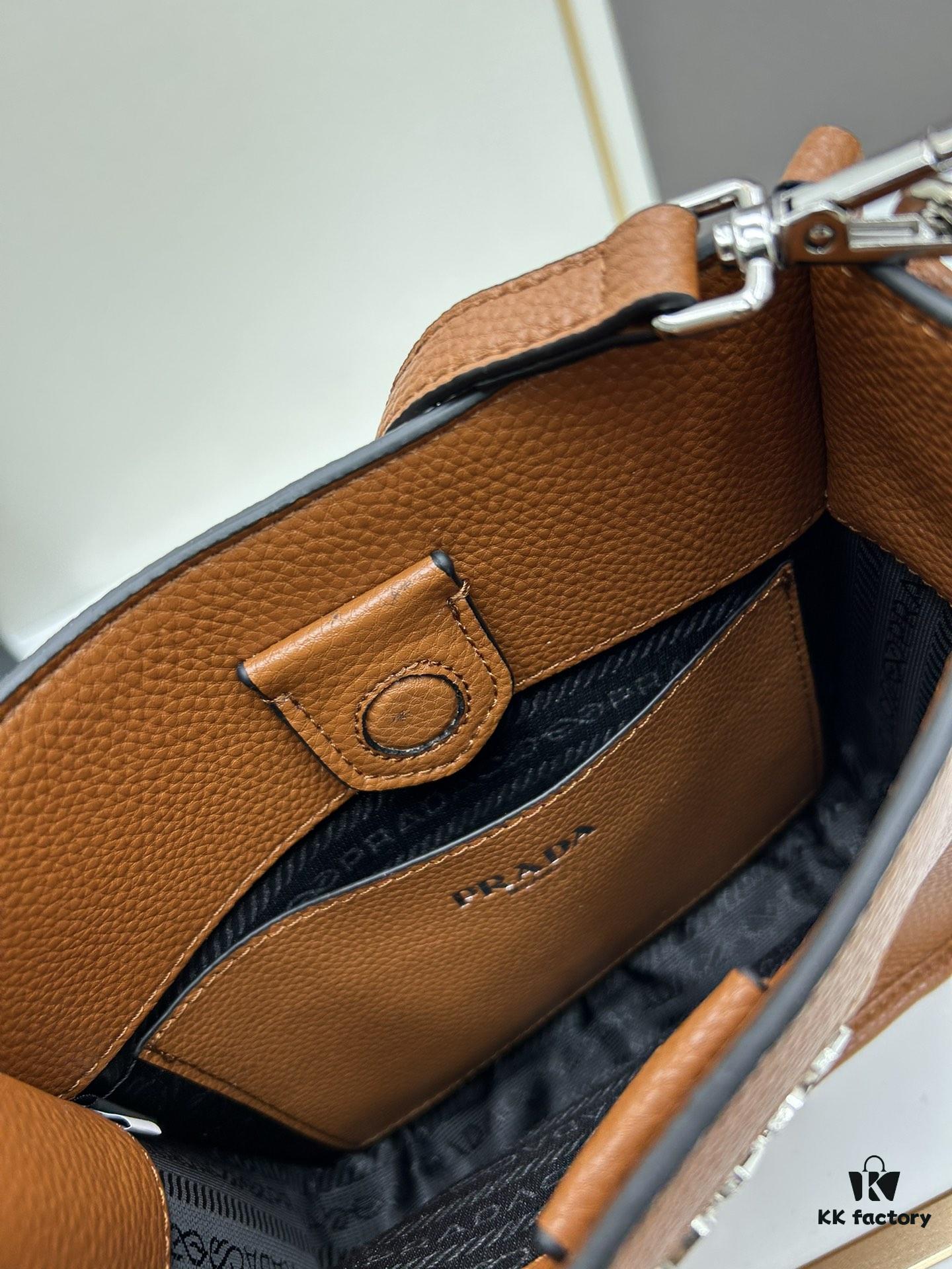 High-Quality PRADA Shoulder Crossbody Bag - Imported Full-Grain Coarse Crispy Calf Leather, Detachable Dual Straps (Leather Strap + Lettered Fabric Strap), Metal Logo, Magnetic Closure