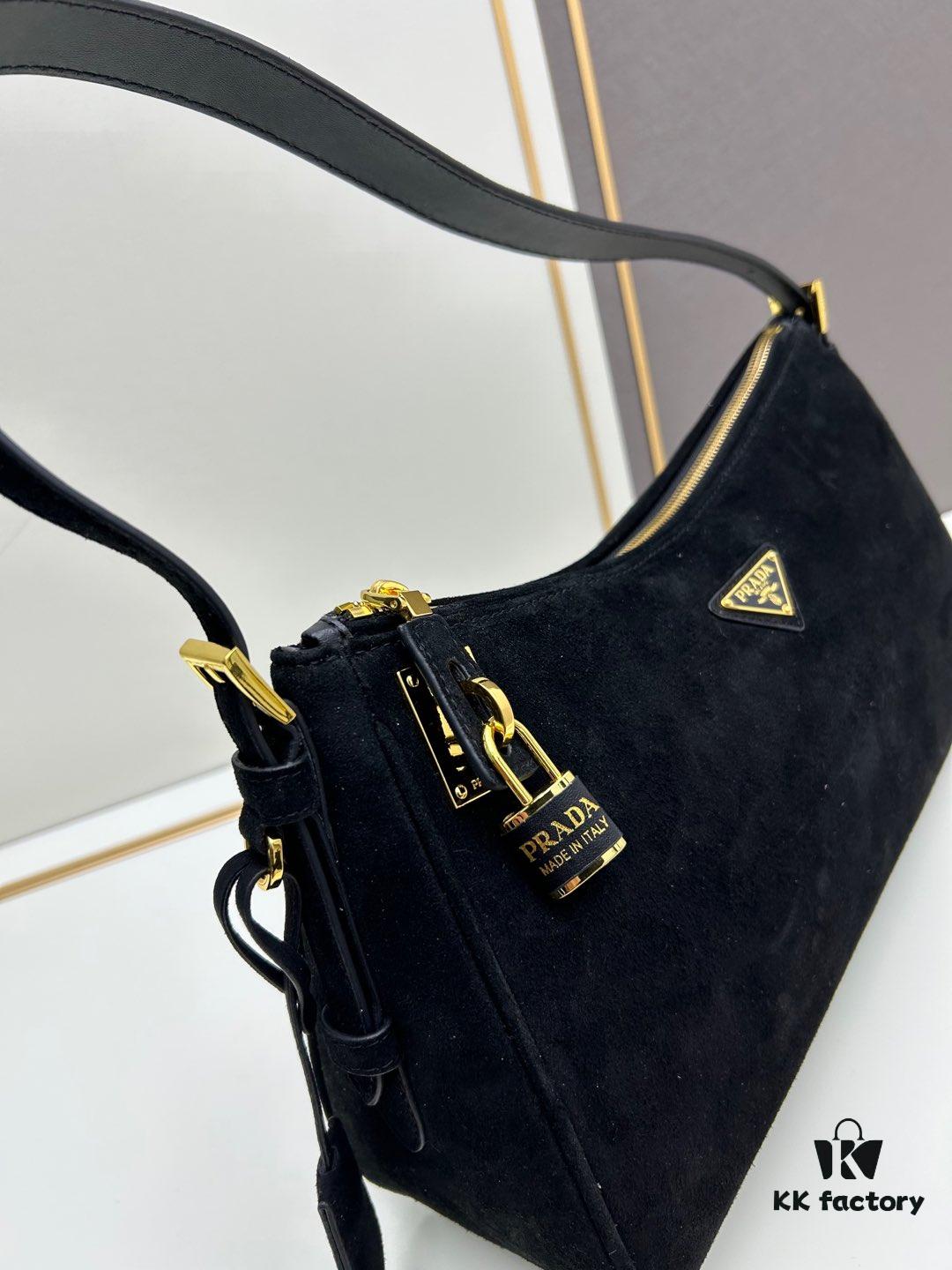 PRADA New Arrival Genuine Leather Shoulder Bag - Full Grain Wrinkled Lacquer Cowhide & Suede with Enamel Triangle Logo