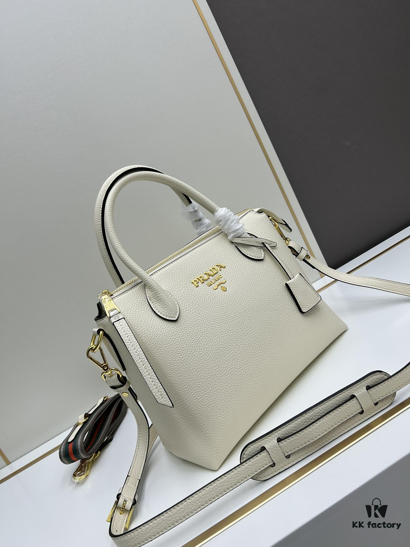 PRADA Classic Reissue Leather Bag with Dual Shoulder Straps, Calfskin, Double Top Handles, Removable Adjustable Leather Strap, Removable Adjustable Colorful Fabric Strap, Gold-Tone Hardware, Engraved Metal Logo, Zip Closure, Two Interior Pockets, Jacquard PRADA Logo Lining