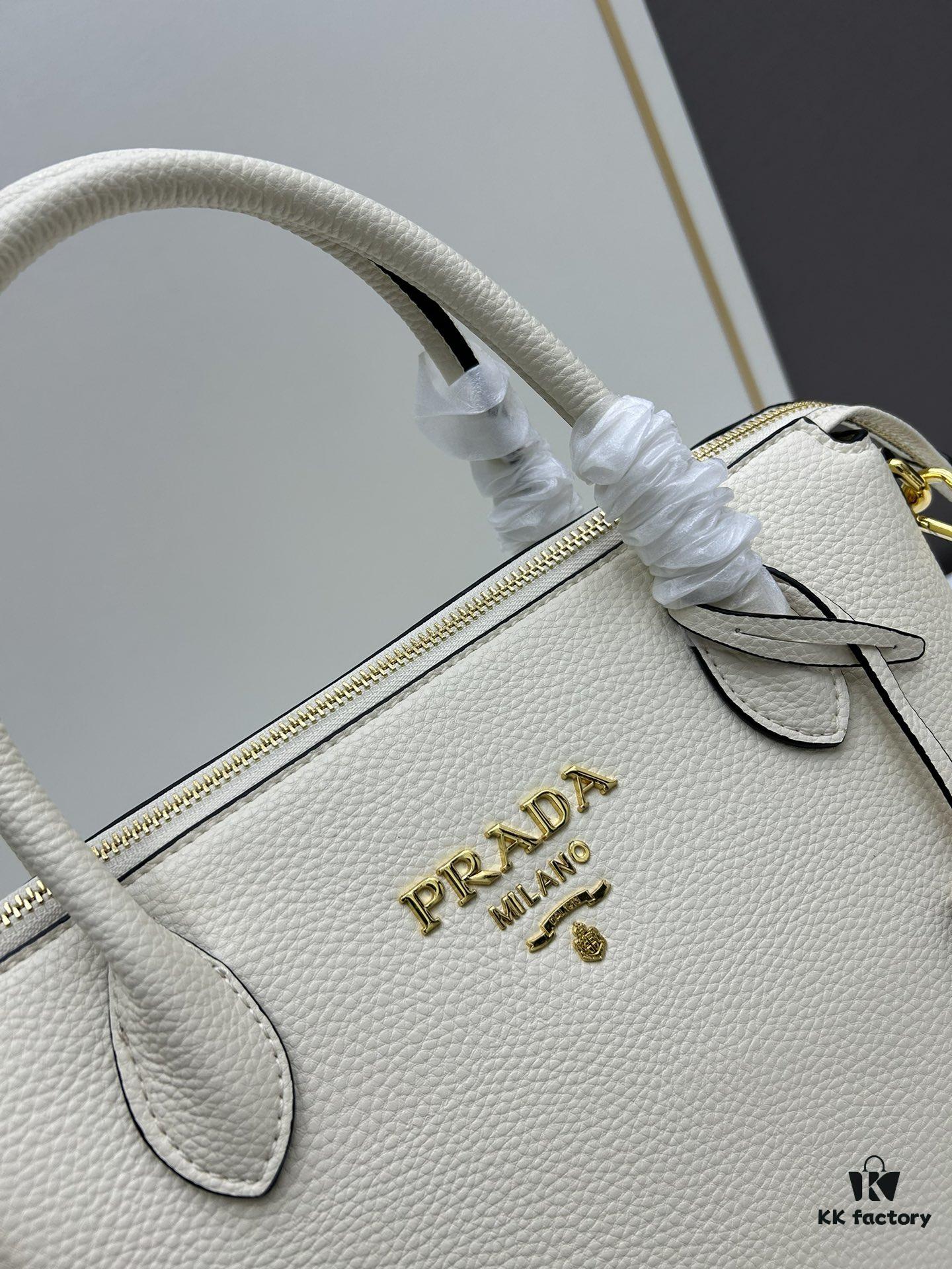 PRADA Classic Reissue Leather Bag with Dual Shoulder Straps, Calfskin, Double Top Handles, Removable Adjustable Leather Strap, Removable Adjustable Colorful Fabric Strap, Gold-Tone Hardware, Engraved Metal Logo, Zip Closure, Two Interior Pockets, Jacquard PRADA Logo Lining