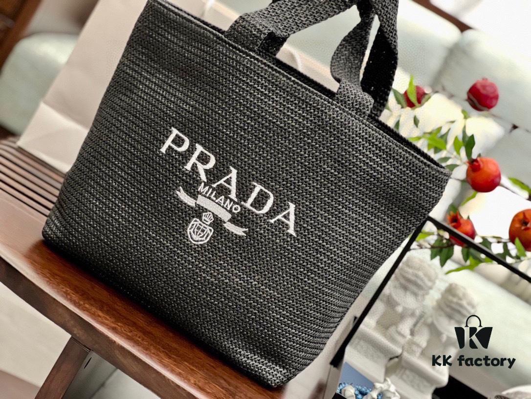 Prada Rattan Woven Bag in Black, Beige, Pink, Blue - Vacation Style Cute Handbag with Triangular Logo